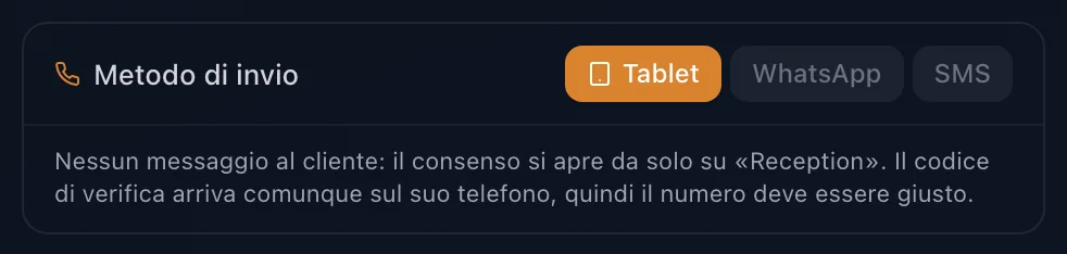 Riquadro Metodo di invio con le tre scelte Tablet, WhatsApp e SMS e Tablet selezionato